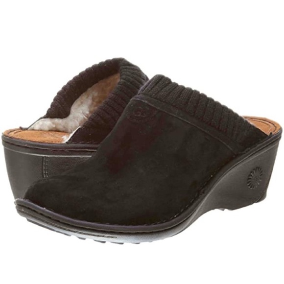 UGG Australia Gael Black Suede Clogs Wedge Heel Sheepskin Shearling Mules Sz 6 - Picture 3 of 17